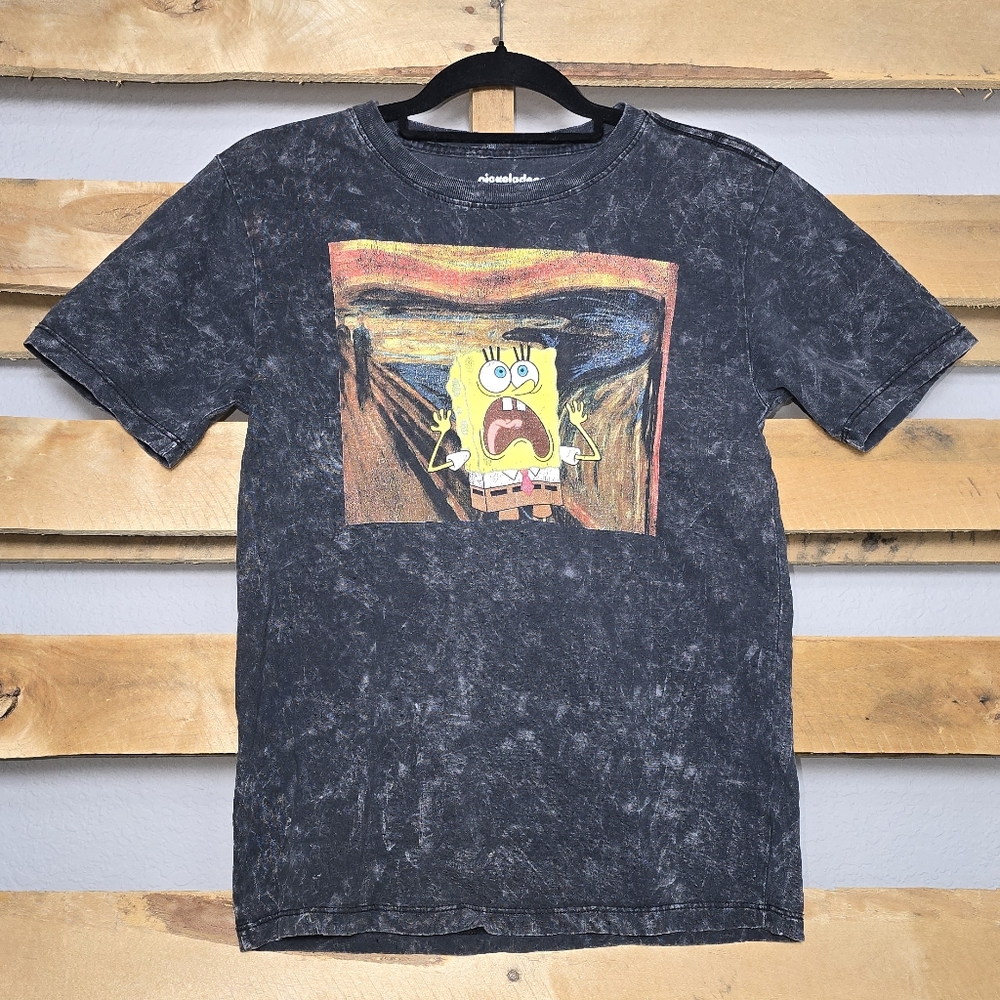 SpongeBob Graphic Scream Art Black Acid Wash T-Shirt Size:XS
